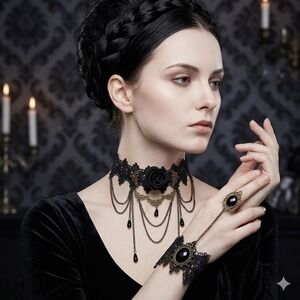 Gothic Black Lace Choker Slave Bracelet Ring Set Victorian Steampunk Retro Rose